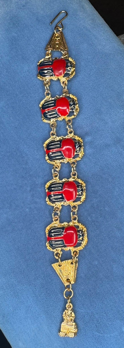 Gold Tone Double Linked Scarab Bracelet Red And Blue Enamel 7”