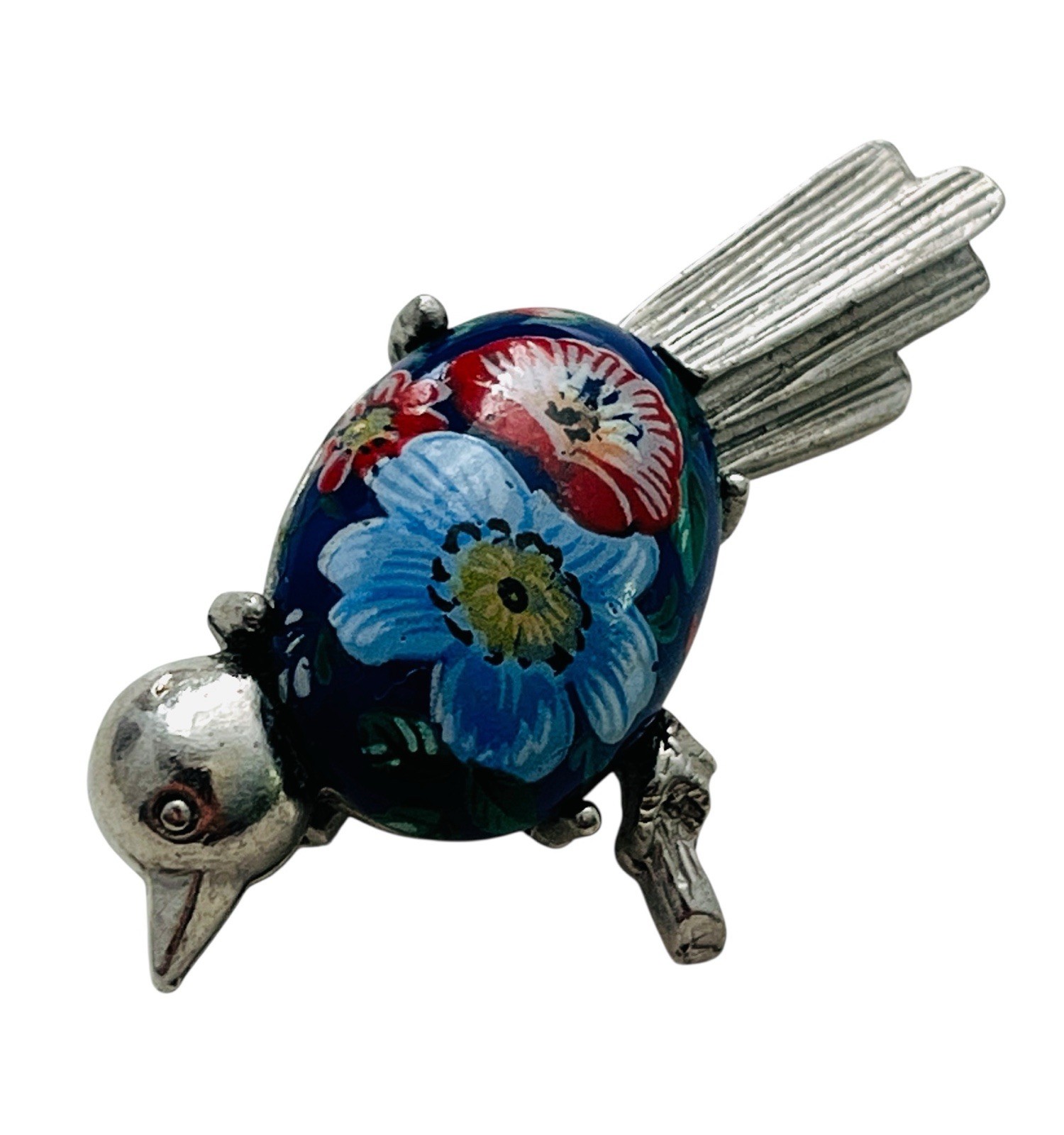 Vintage Mid Century Floral Glass Cabochon Figural Bird Brooch