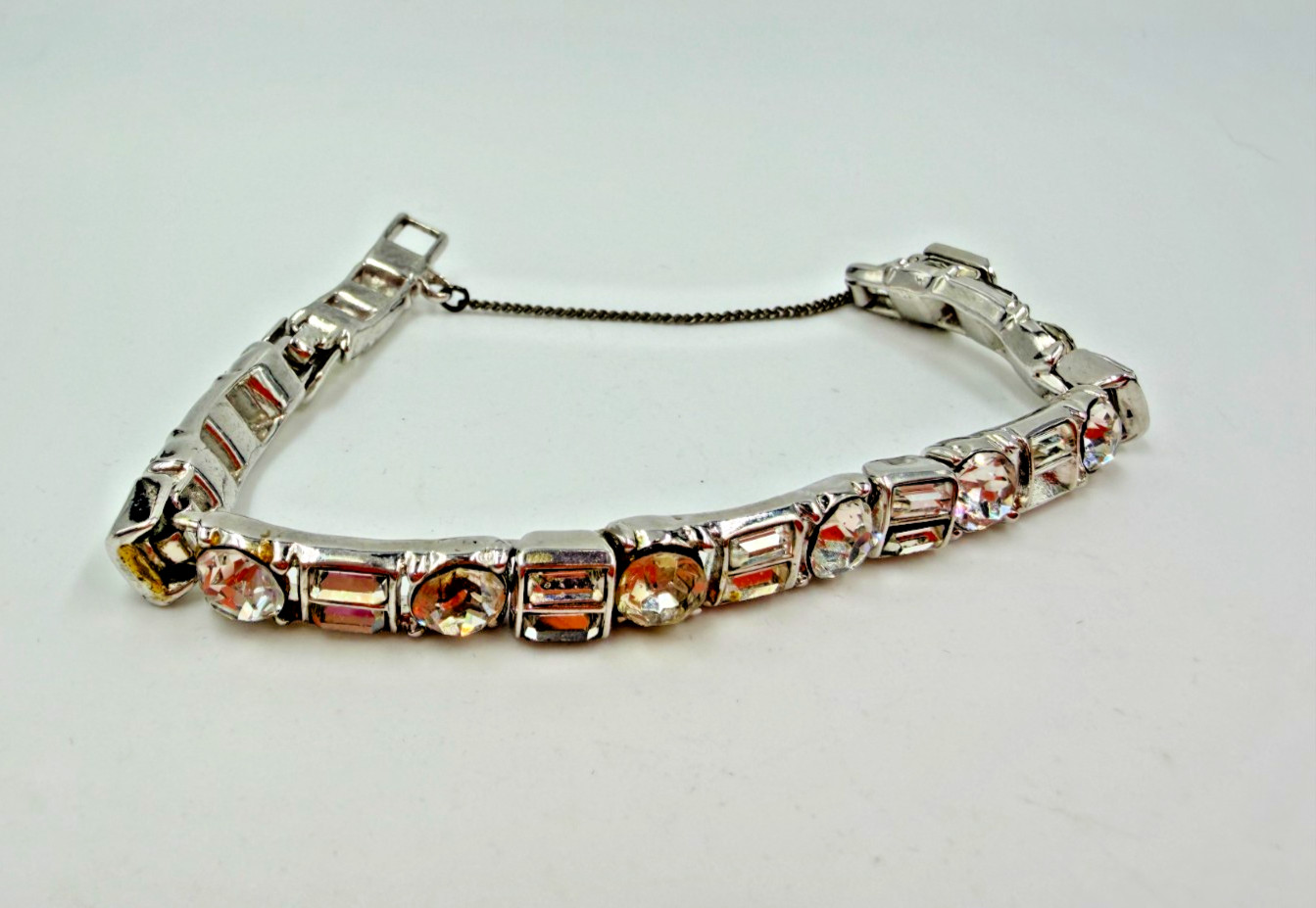 Vintage Bracelet Trifari Tennis Rhinestone Chain Silvertone 6.5 in PJ
