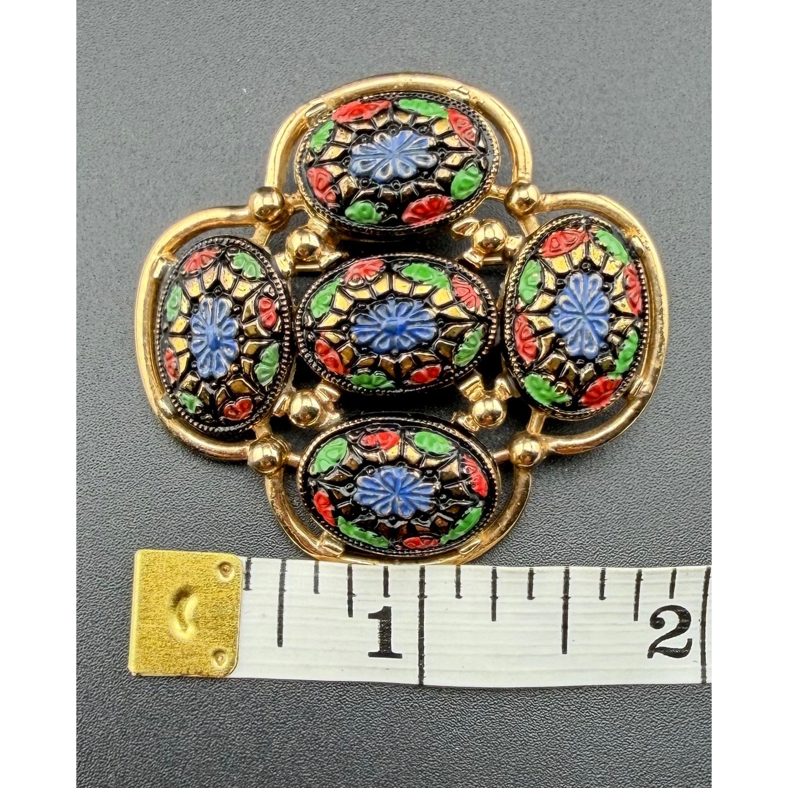 Sarah Coventry Light of the East Brooch Gold Multicolor Floral Cabochon Vintage