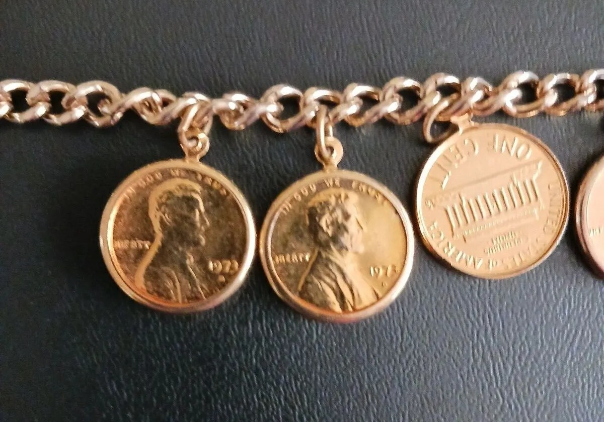 Goldtone Penny Coin Charm Bracelet 1973 Anniversary BIrthday Gift 6 Pennies