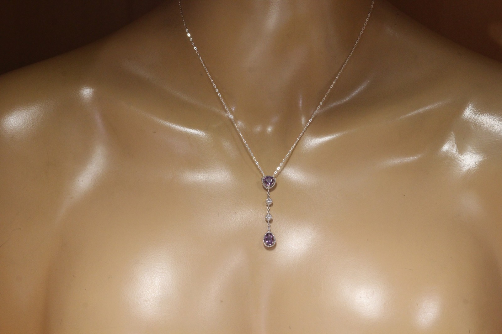 New 925 Sterling Silver amethyst created sapphire pendant necklace 3.1g dangle