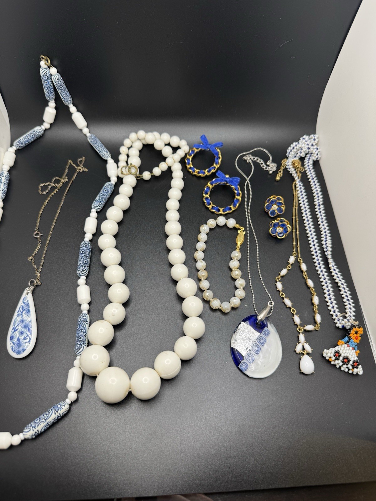 Vintage Blue White Jewelry Lot Beaded Necklaces Earrings Bracelet Boho
