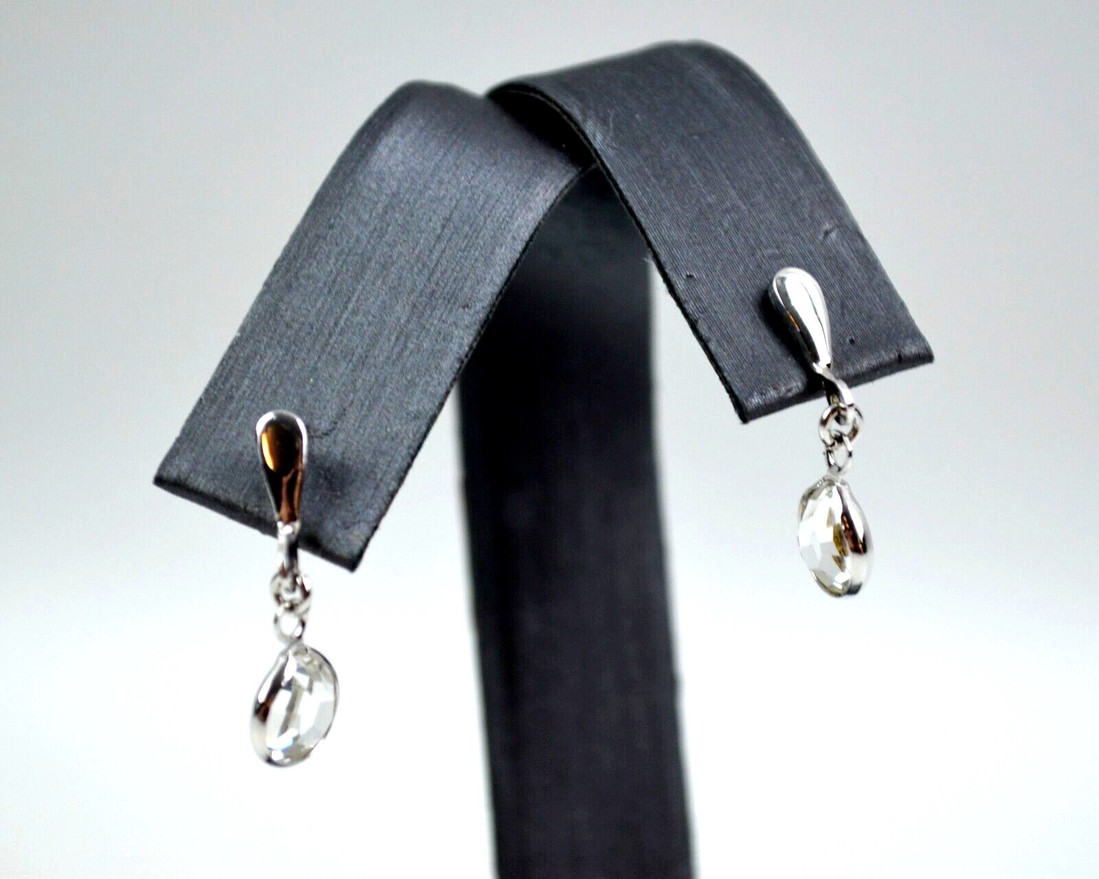 Vintage Silver Tone Pierced Post Earrings w/ Clear Rhinestone Dangle .75″