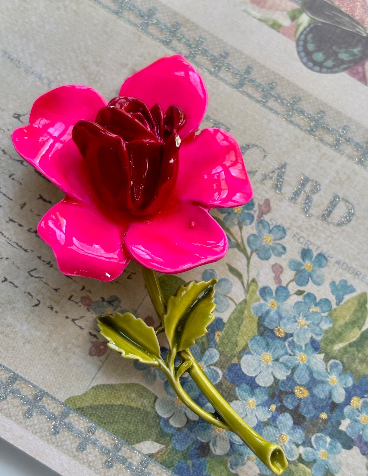 Vintage signed ART hot pink ROSE flower brooch~Flower PIN~1960s~Arthur Pepper