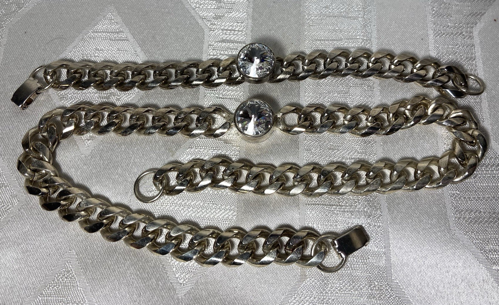 Vintage Curb Link Chain W/Crystal Center Stone Statment Necklace & Bracelet Set