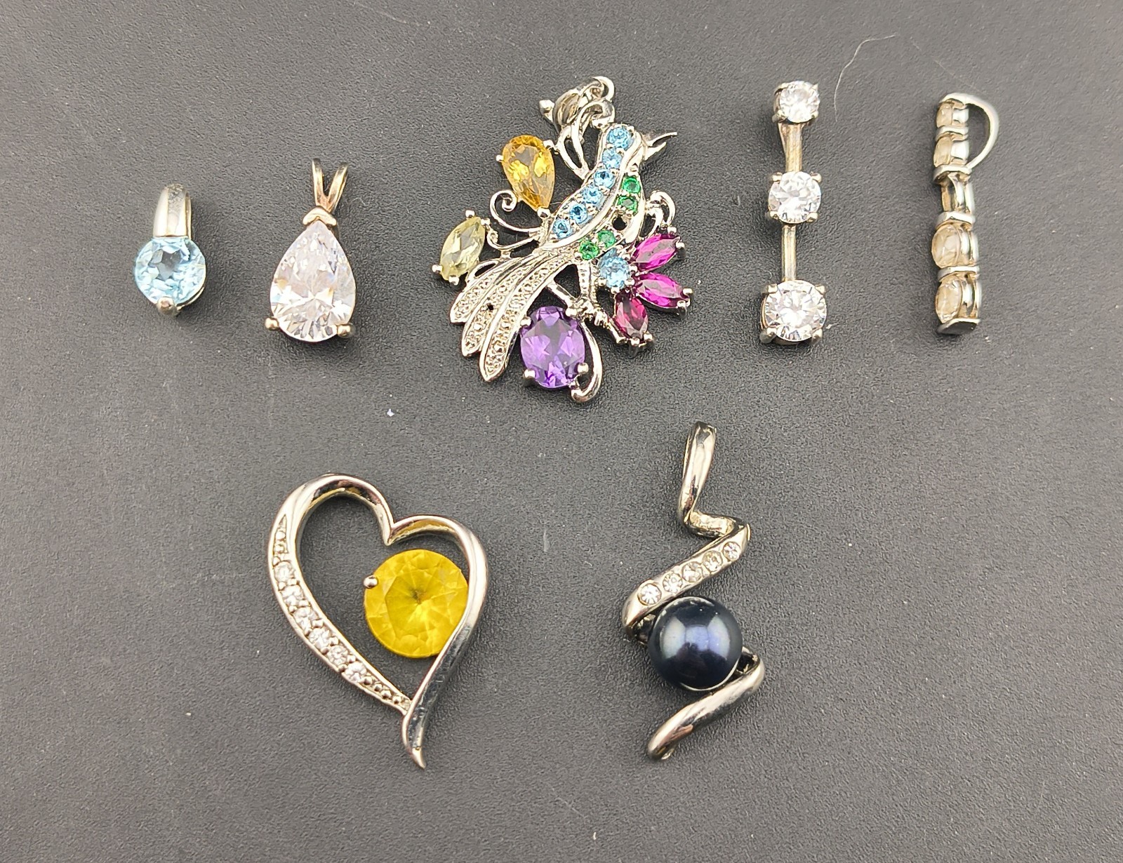 Sterling Silver 925 Pendant Lot 7pc 18g Multi Stone CZ Pearl Peacock Heart