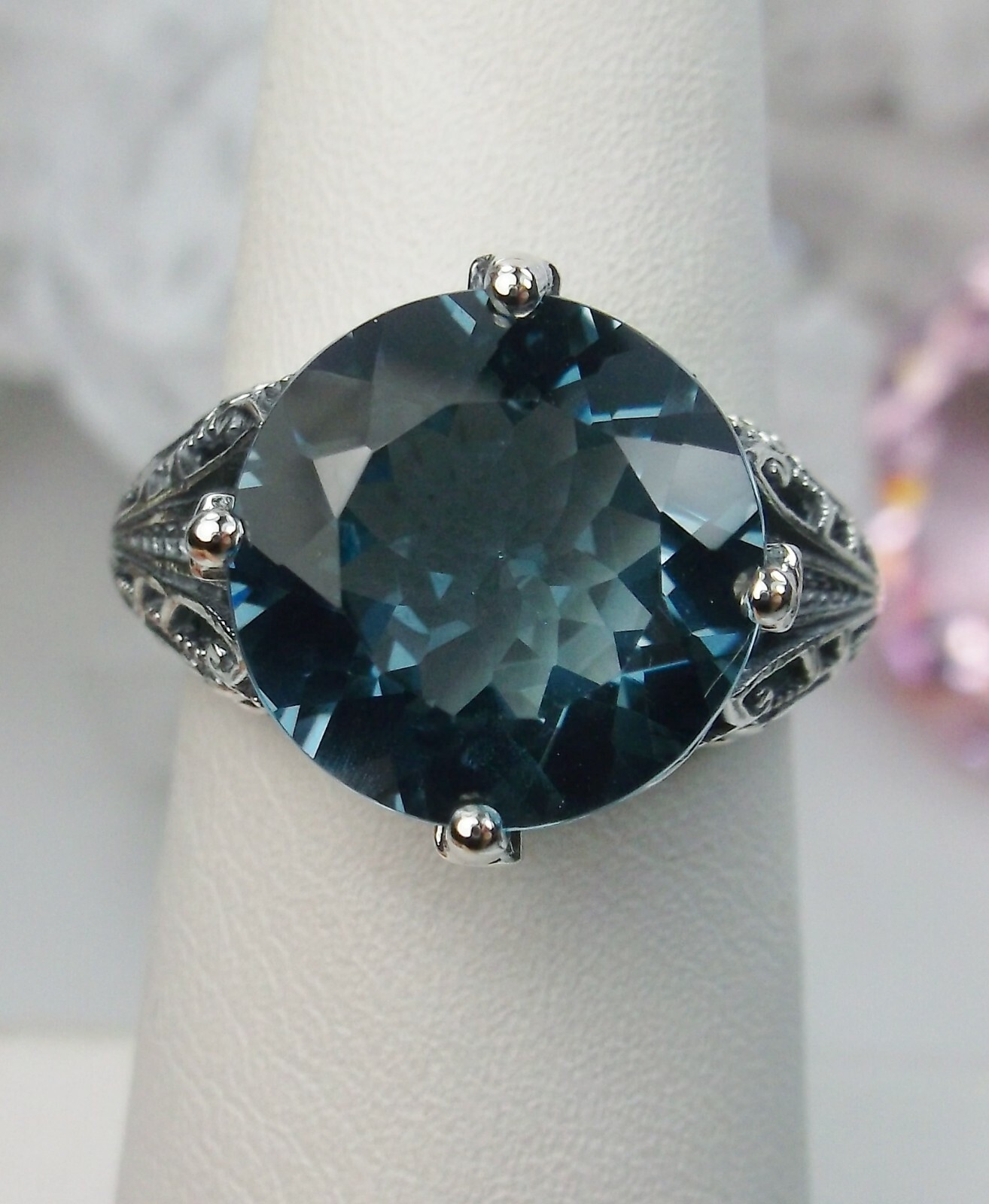 NATURAL London Blue Topaz Sterling Silver Filigree Ring Made To Order D#54