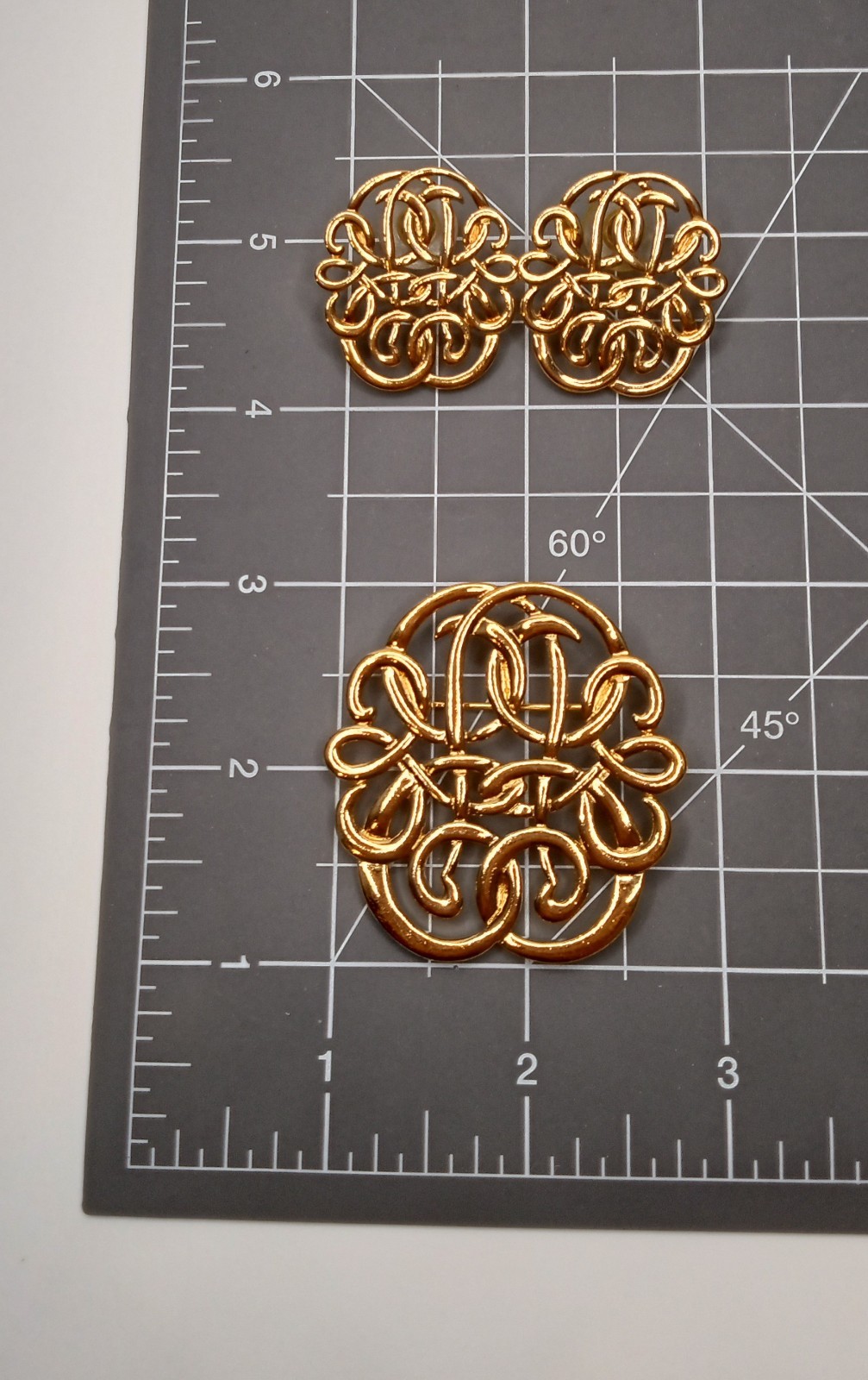 Gold Tone Monogram Jewelry Set, Brooch / Pendant With Pierced Earrings