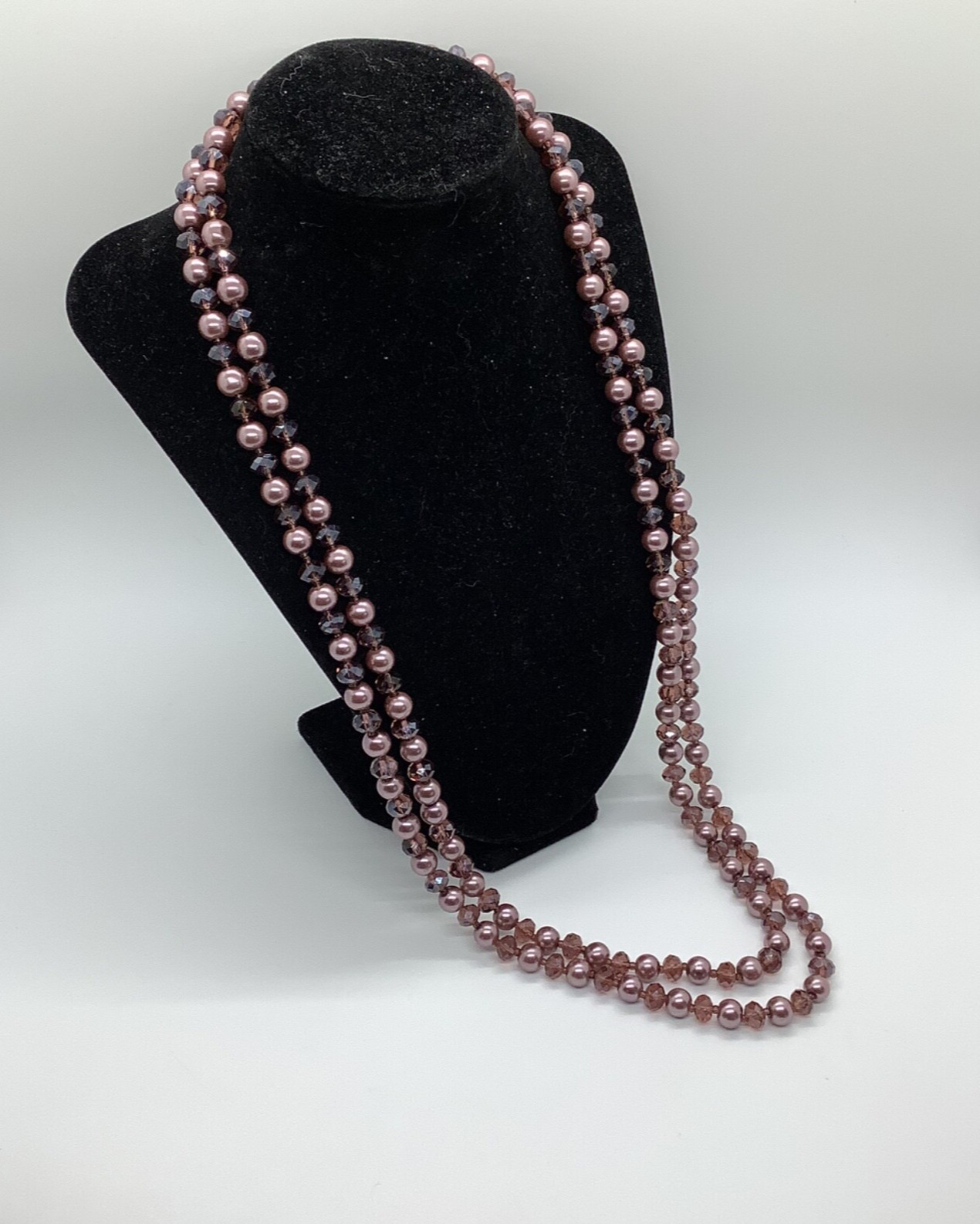 Vtg AB Smoky Lavender Purple Bead & Faux Pearl 59” Flapper Necklace Long