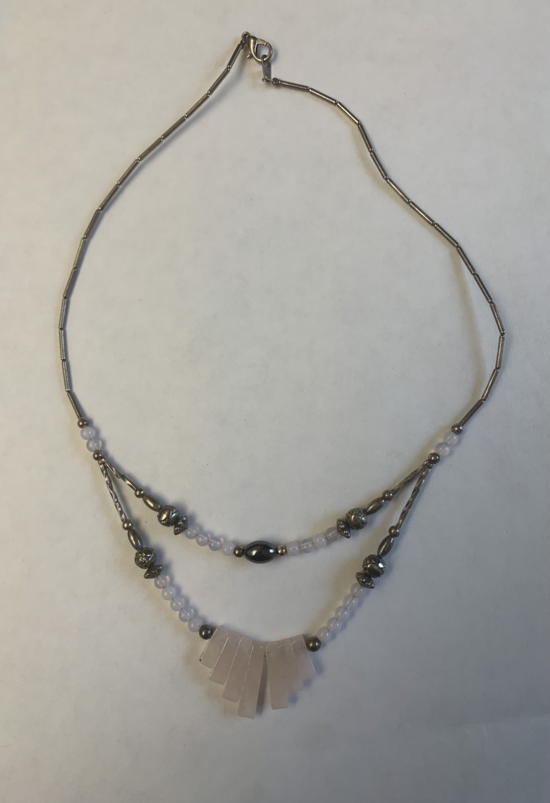 Vintage Liquid Silver Two Strand Natural Stone Rose Quartz Beaded Necklace 19”