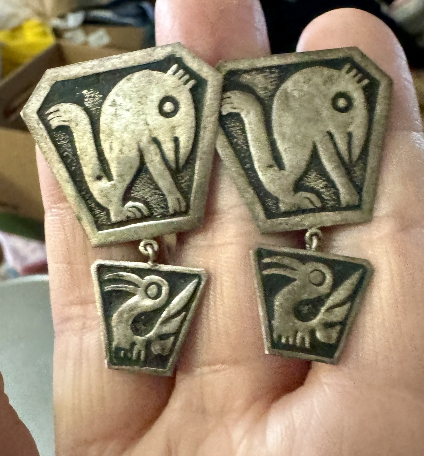 Vtg Ethnic Sterling Silver Screw Back Earrings Mythical Creatures Dangle