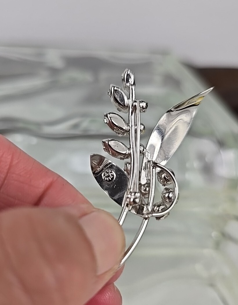 Vintage 925 Sterling Silver Clear Rhinestone Flowers Plant Brooch Pin #1