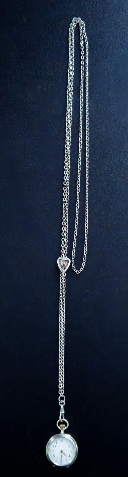 Victorian .800 Silver 57″ Guard Chain Watch Pendant Necklace Garnet Pearl Slide