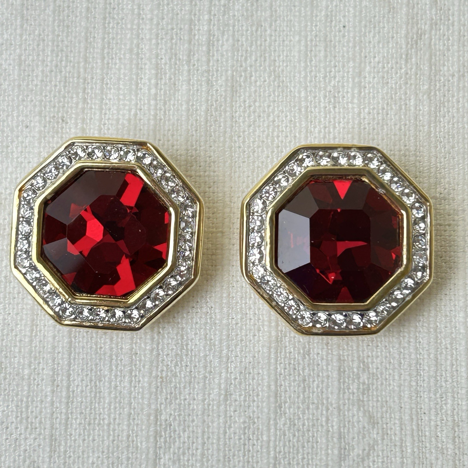 Swarovski Large Clip On Earrings Ruby Red Clear Crystal Gold Tone Octagon S.A.L.