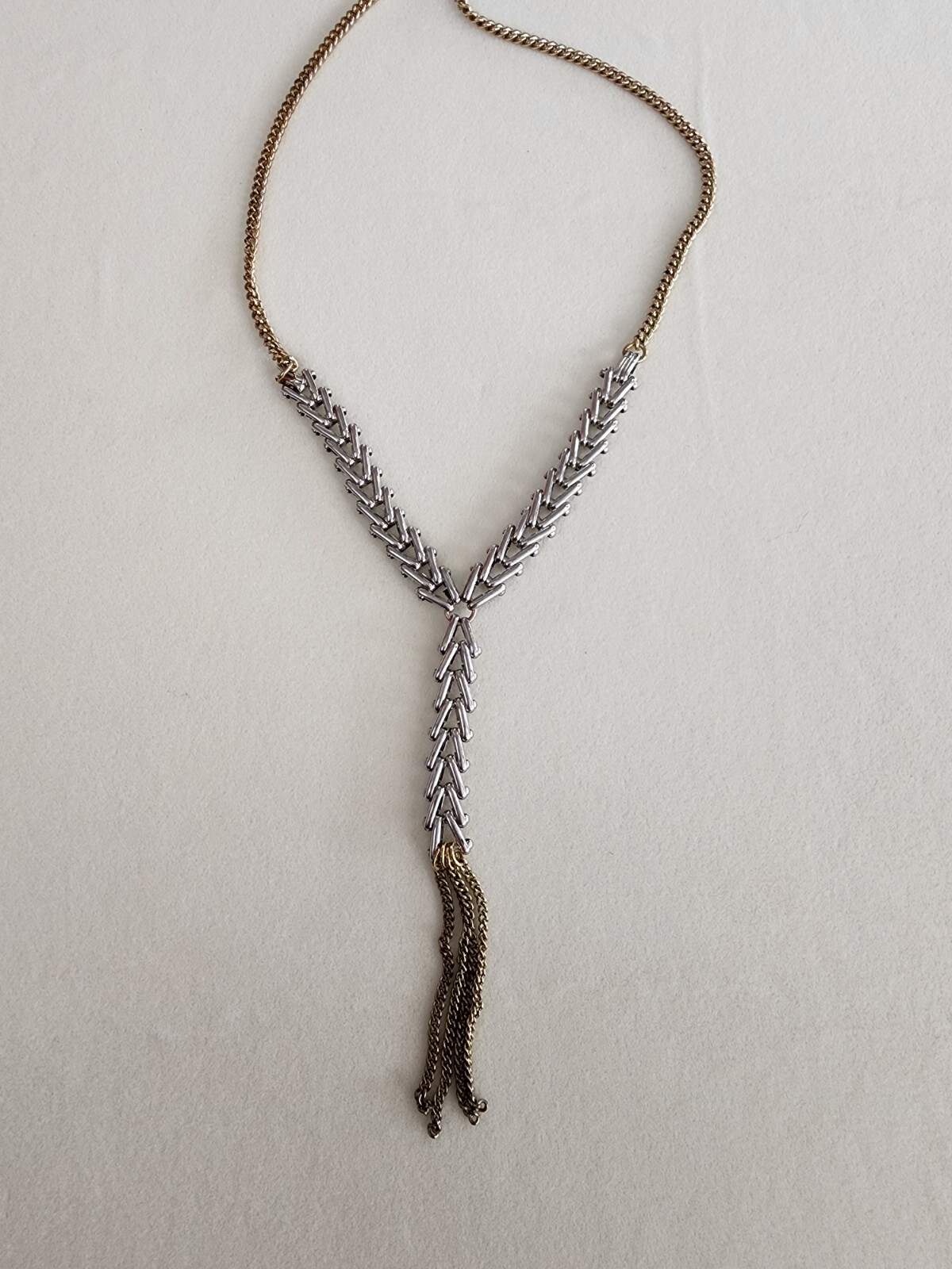 Signed Hinged Chevron Link & Curb Chain Y Statement Necklace Mixed Metals