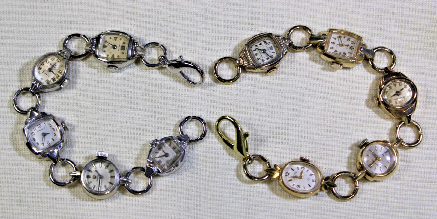 LOT OF 2 VINTAGE RETRO LADIES WATCH BRACELETS 8″ ELGIN HAMILTON BULOVA WORKING