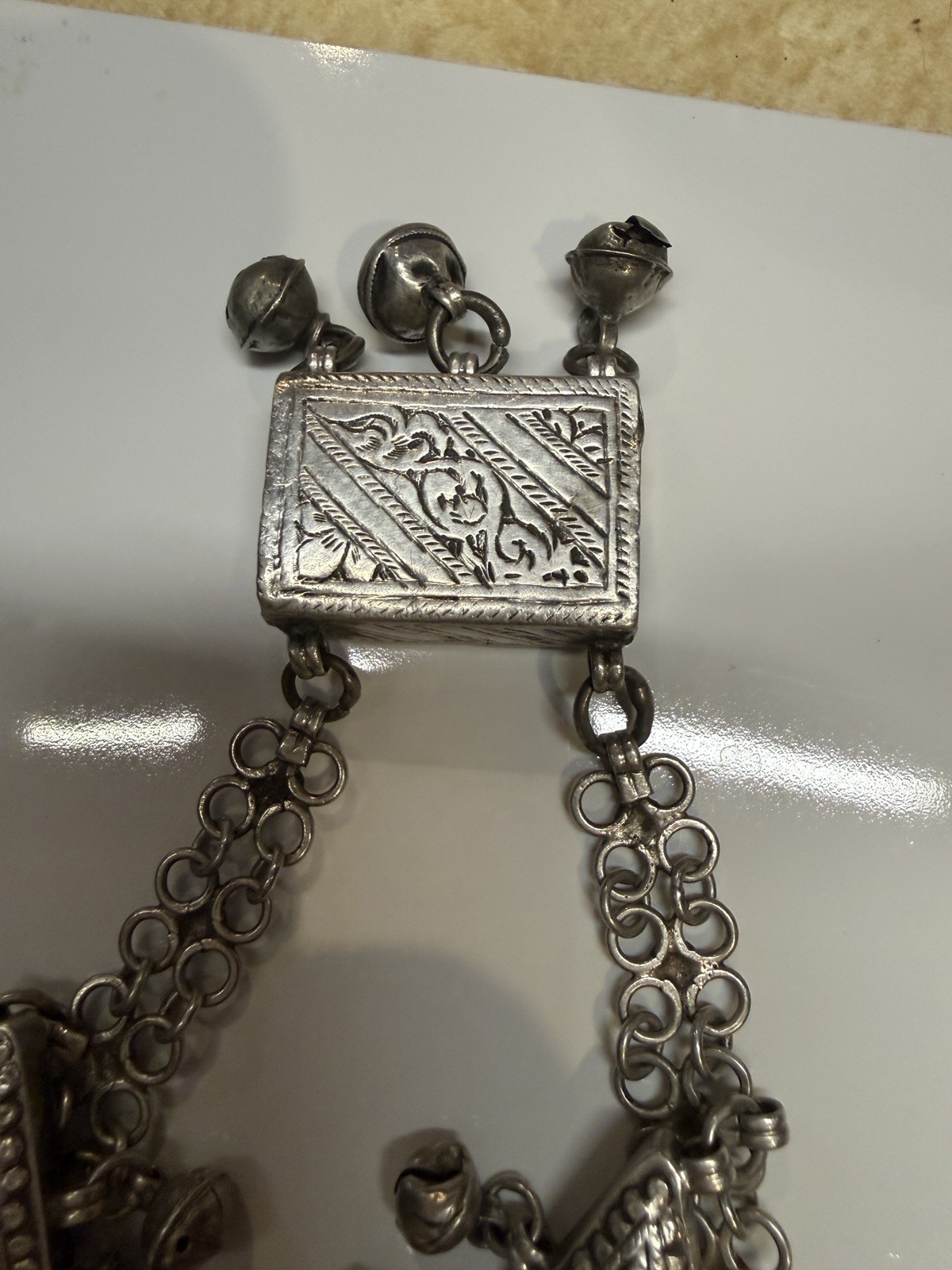 Antique silver alloy necklace, charms, 92gr. From Middle East. Mid-Century.