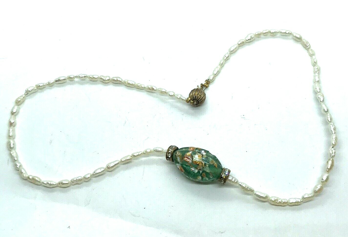 Vintage Artisan Baroque Pearl Dainty Strand Necklace Green Foil Art Glass Beach