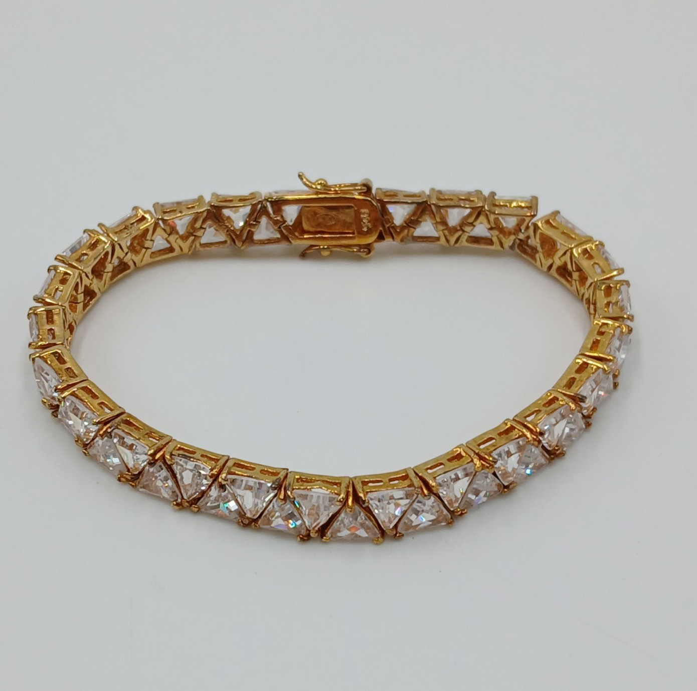 VTG 925 GL Trillion Cut Tennis Bracelet 7in Sterling Silver Vermeil 25gtw CZ