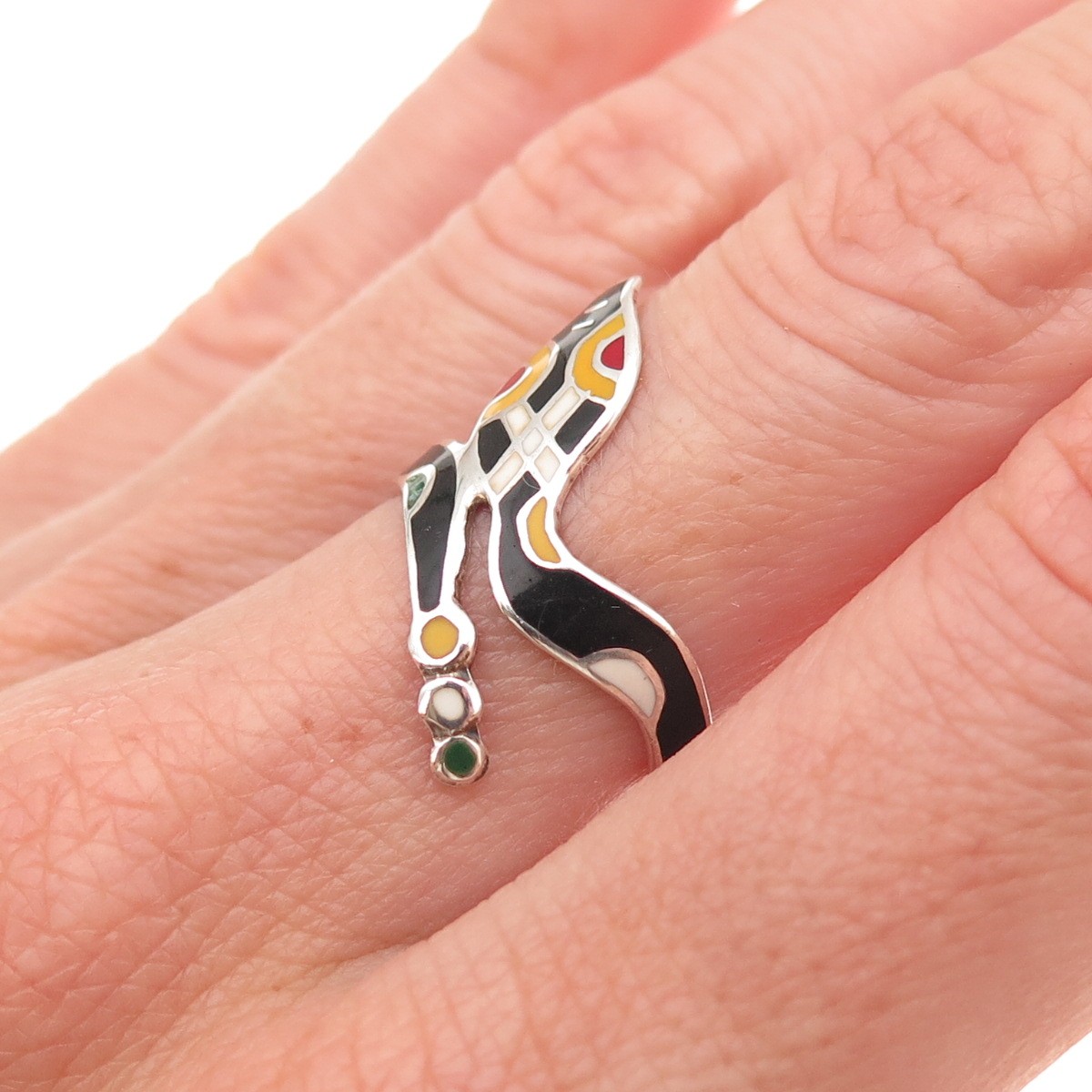 925 Sterling Silver Vintage Mexico Multi-Color Enamel Snake Ring Size 7