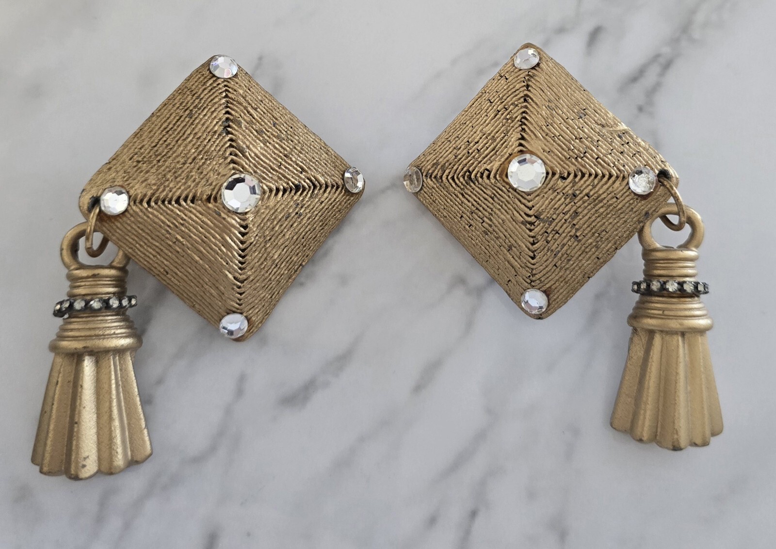 Vintage Gold Tone Jeff Lieb Designer Geometric Tassel Dangle Modernist Earrings