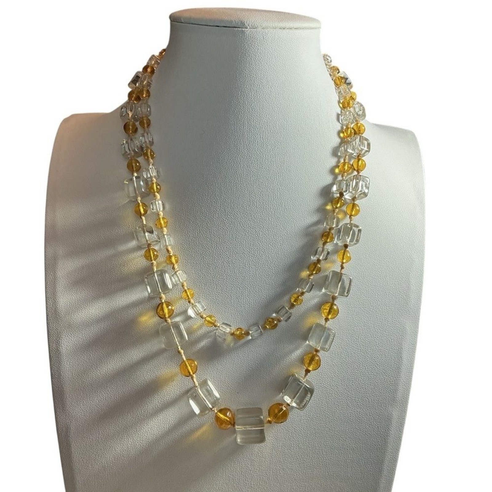 Vintage Czech Glass Necklace Yellow Graduated Cube & Clear Round Bead 36”