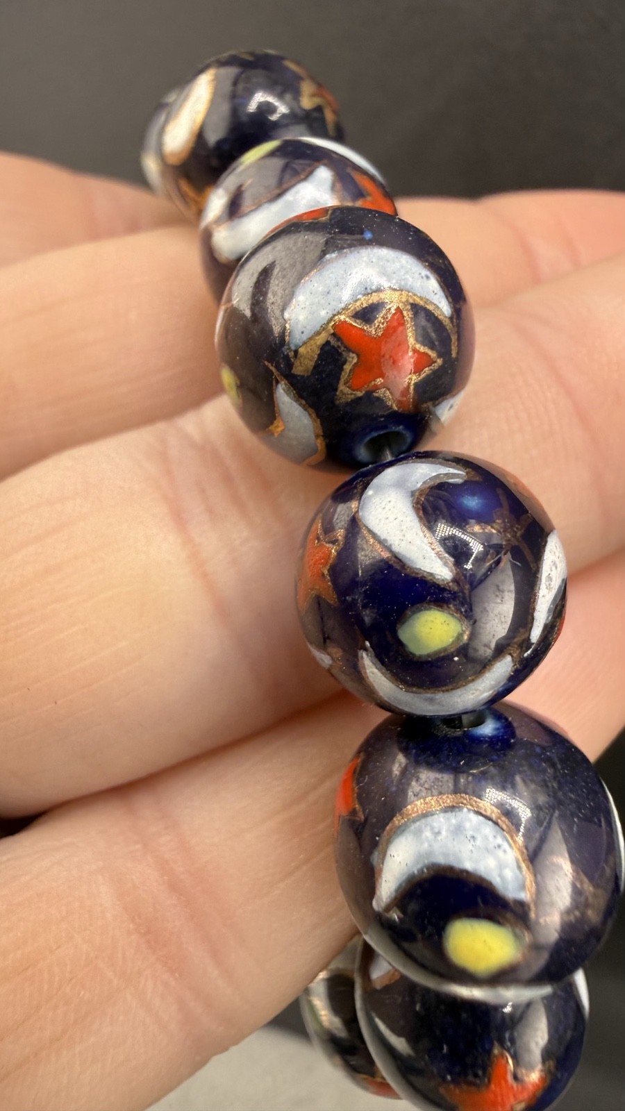 Vintage Glass Beaded Bracelet Stretch Marble Star Moon Sun Celestial 6.5”