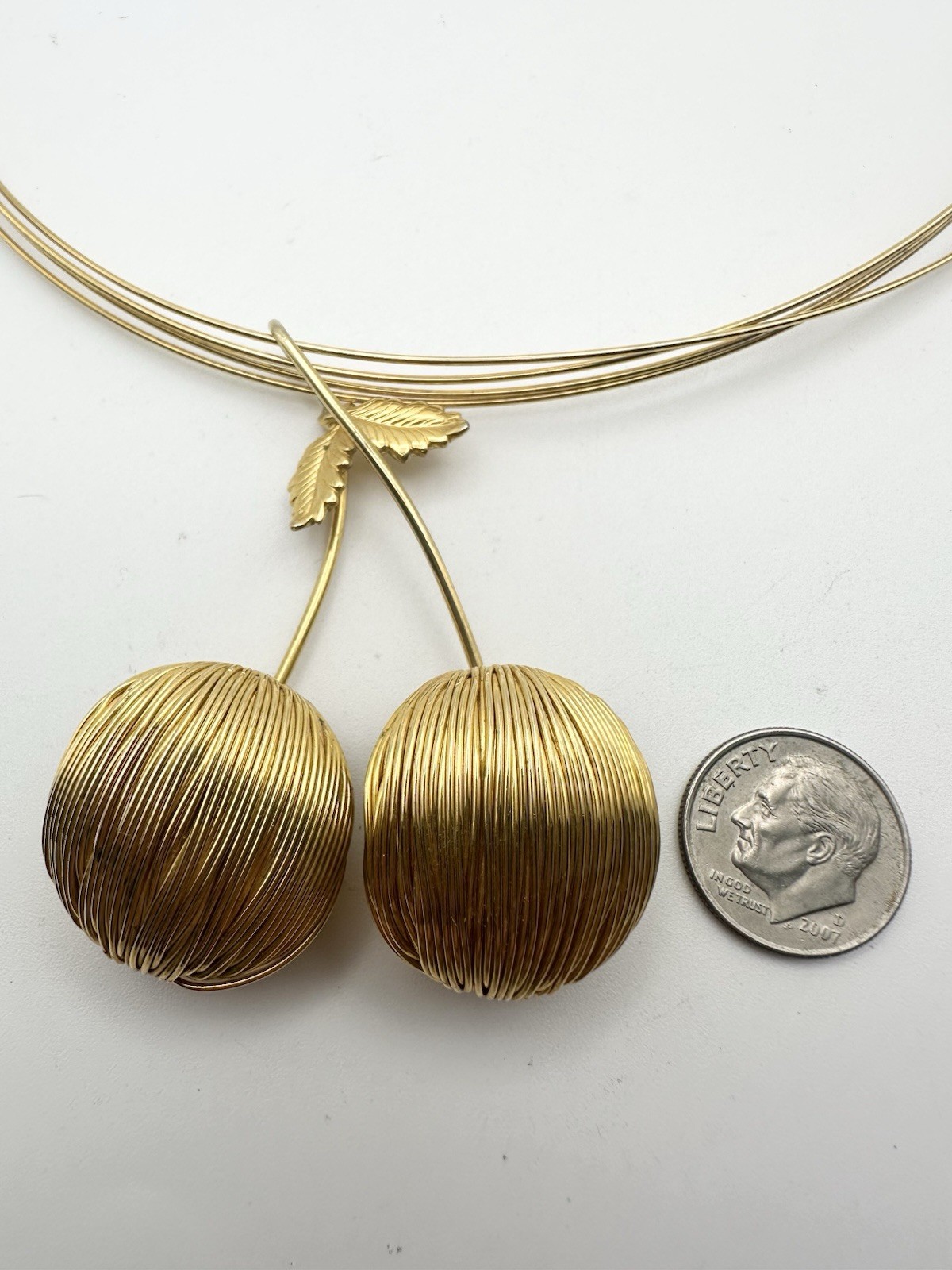 Vintage Omega Wire Cherry Pendant Collar Necklace 16” Gold Tone