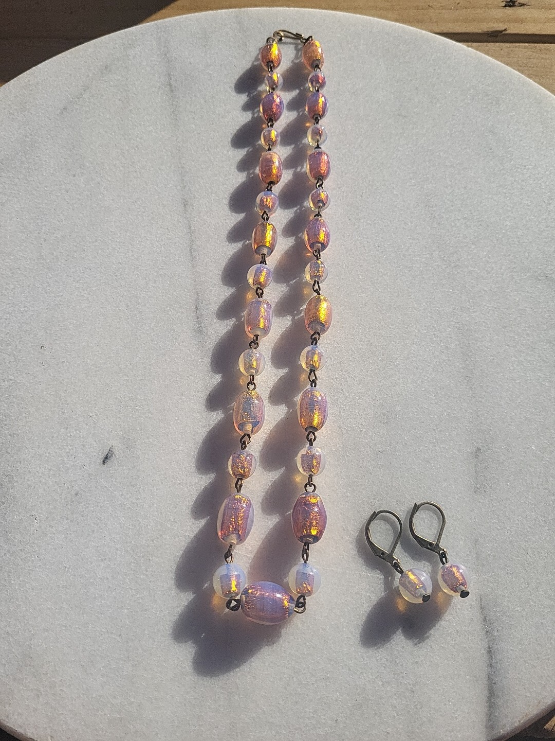 RARE ANTIQUE FIREY OPAL GOLD FOIL MILKY LILAC PINK GLASS BEAD WIRE NECKLACE SET