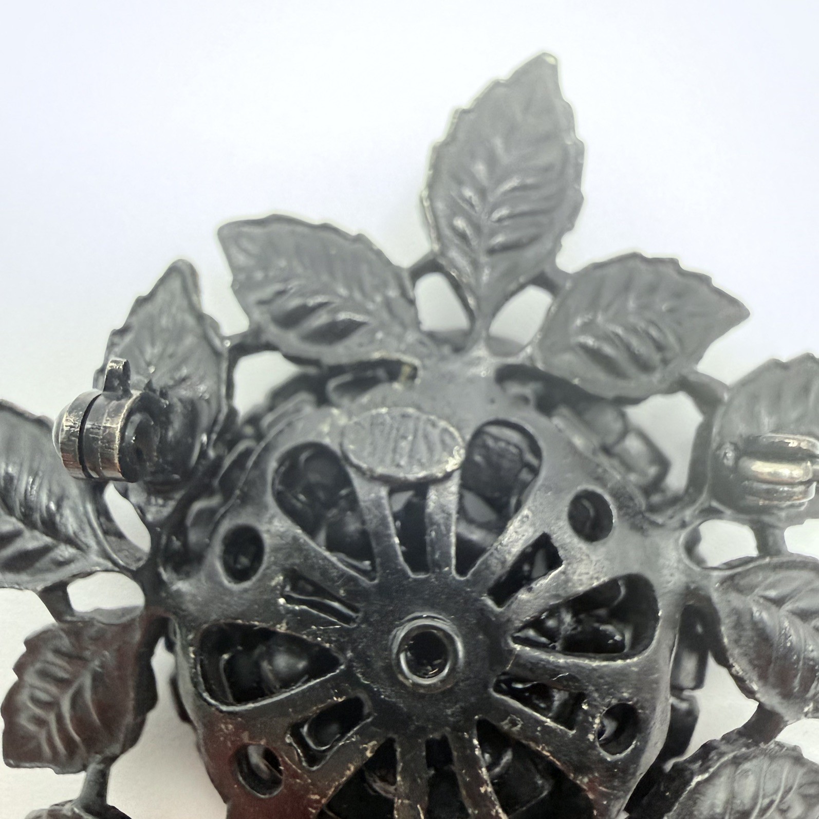 Albert Weiss Black Rhinestone and Enamel Flower Pin Brooch Signed Vintage