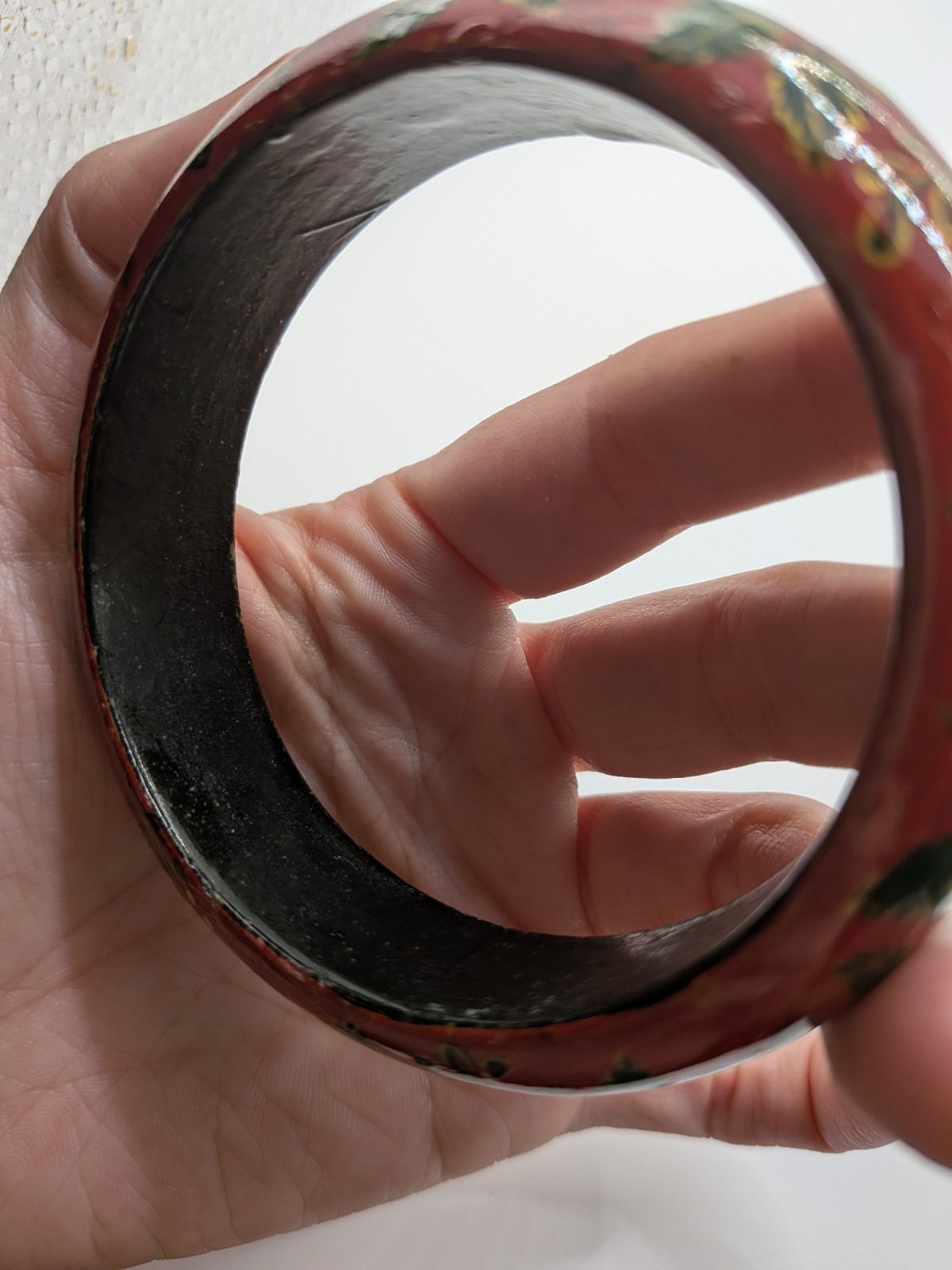 Vintage Russian Style Folk Art Hand Painted Floral Bangle Bracelet Red Laquer