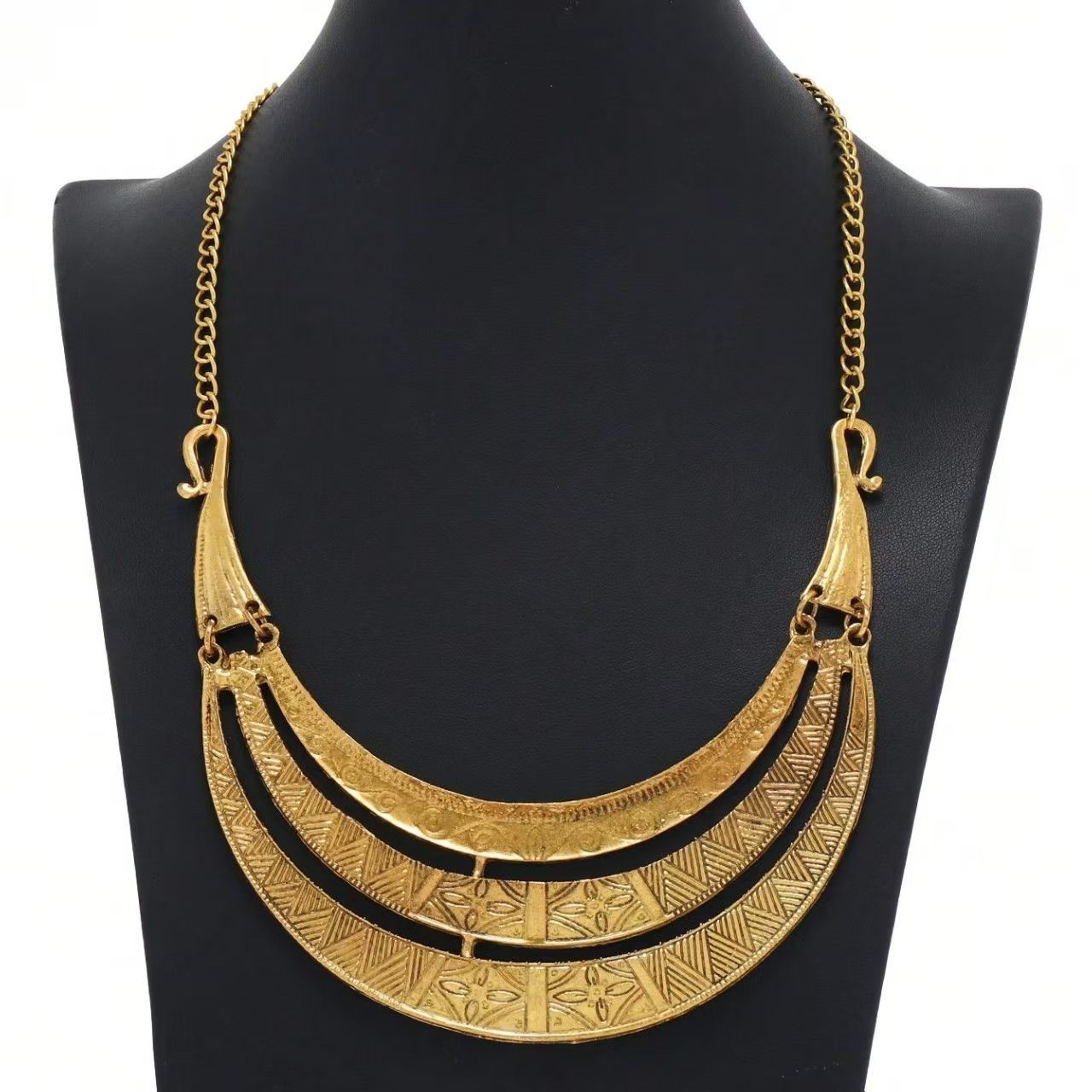 Vintage alloy patterned totem necklace, multi-layered metal necklace, collarbone
