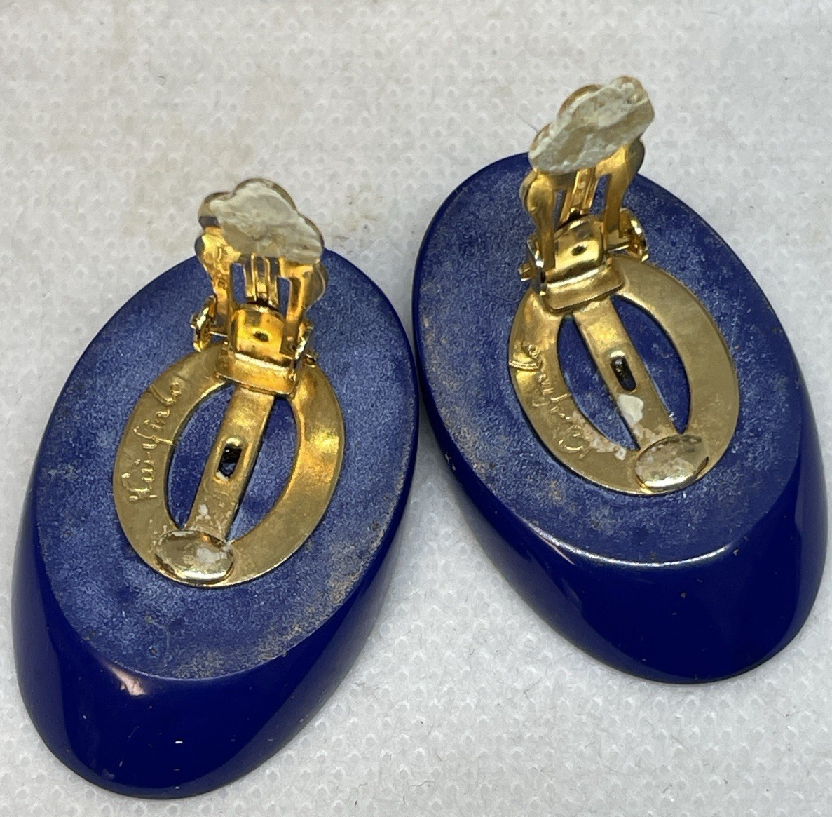 Kai-Yin Lo Signed Earrings Modernist Lapis Blue Clip-on 1.5″ Hong Kong Designer