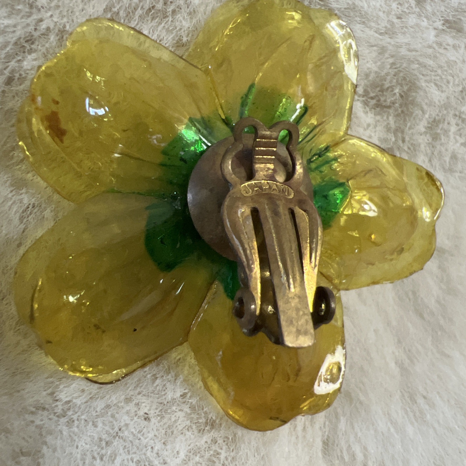 Vintage Cellulose Acetate Yellow Double Layer Petal Floral Clip On Earrings