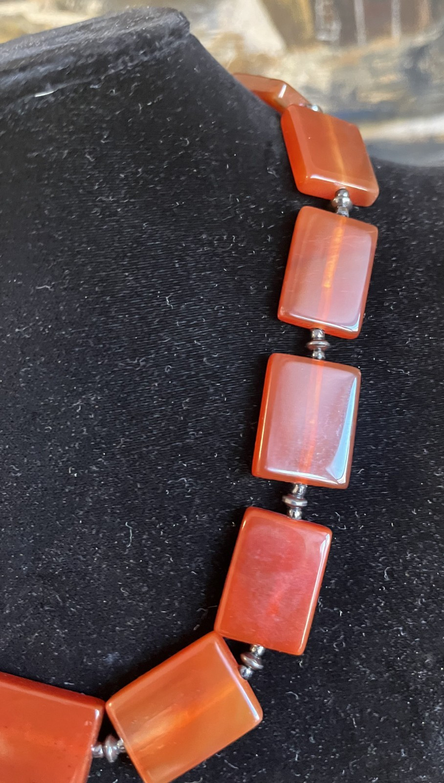 VTG Carnelian Agate Necklace Egyptian Revival Bib Style Rectangular Beads 19″
