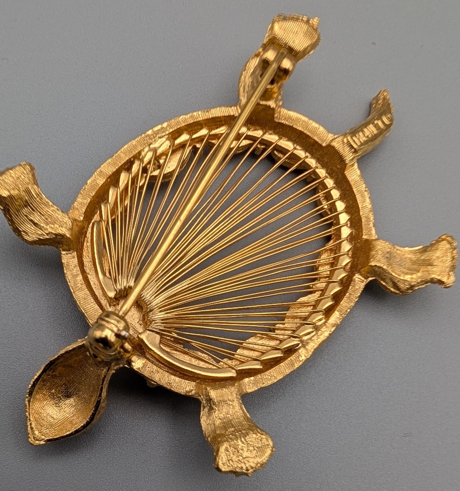 Vintage Monet Turtle Brooch Gold Tone Openwork Shell Green Rhinestone Eyes