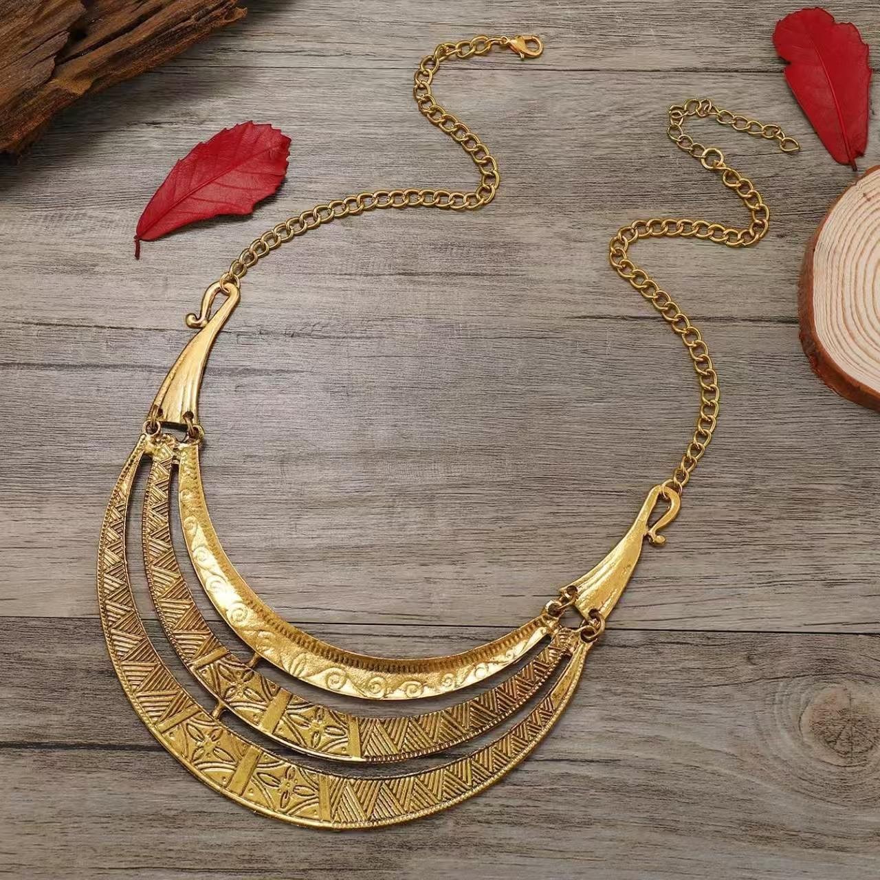 Vintage alloy patterned totem necklace, multi-layered metal necklace, collarbone