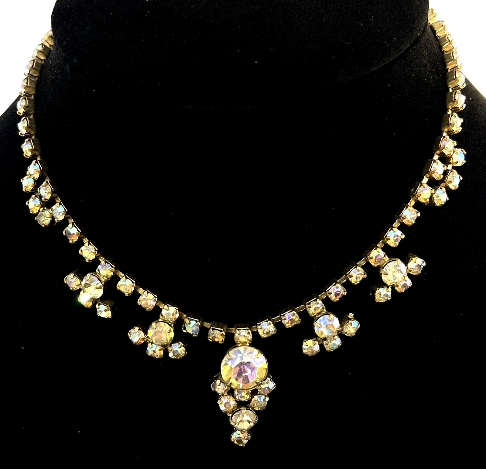 Vintage Necklace Crystal Rhinestones Faceted Aurora Borealis Rounds and Cabochon