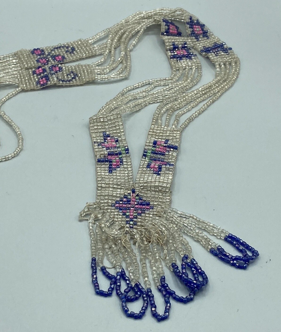1920s Flapper Deco Sautoir Necklace, Very Good Antique Condition, Ecru/Blue/Pink