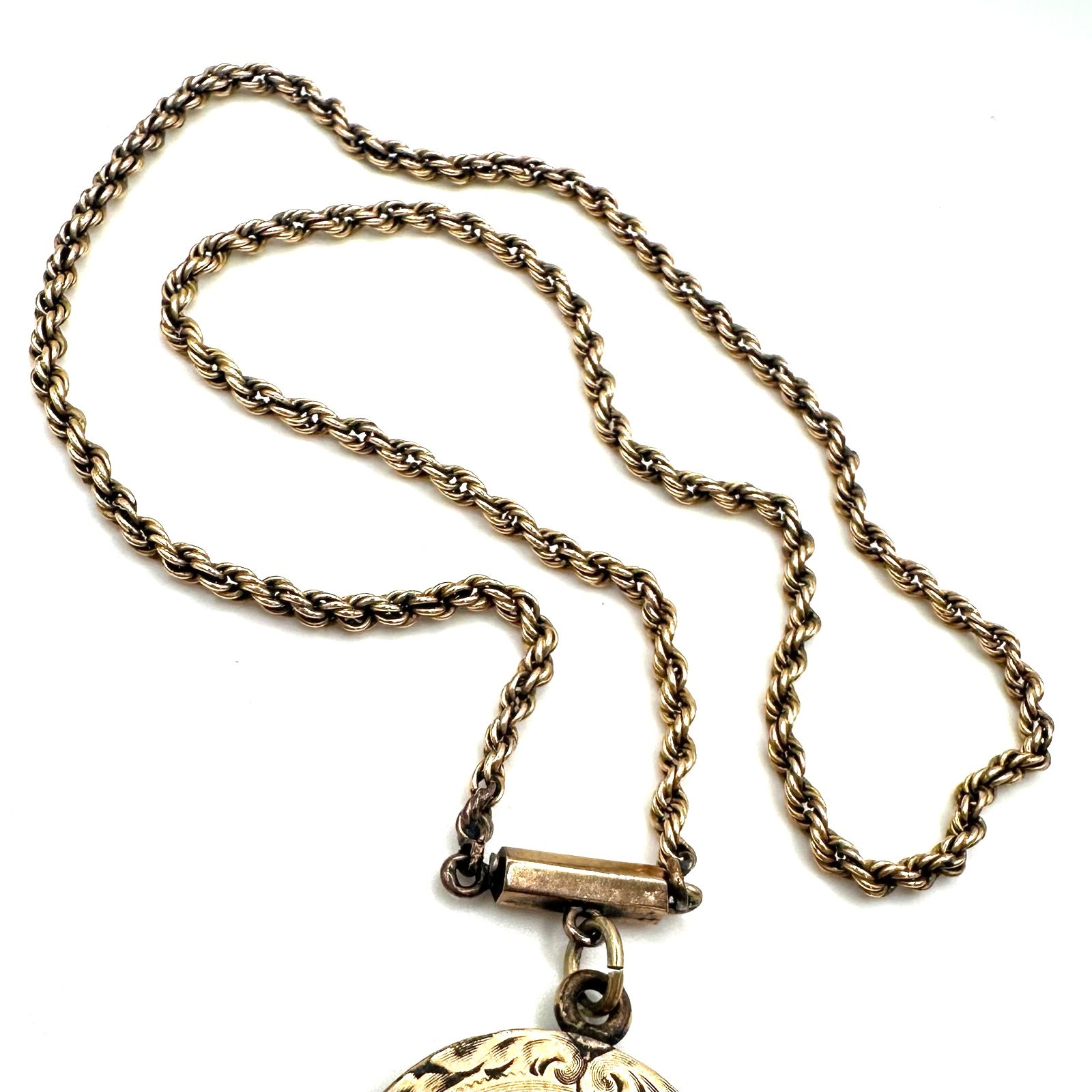 Antique Victorian gold filled twisted rope chain etched disc pendant necklace