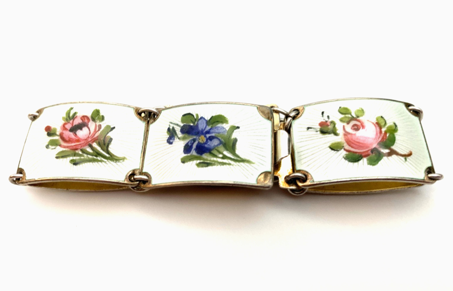 Finn Jensen Guilloche Enamel Sterling 925 Bracelet Rose, Bell Flower, Violet