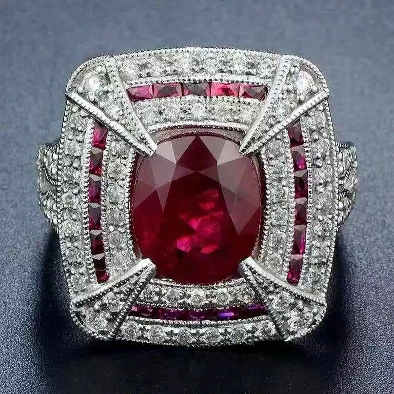 5.54Ct Art Deco Vintage Lab Created Ruby Wedding 14K White Gold FN Cocktail Ring