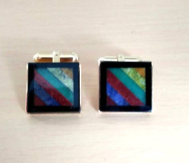 Vintage Gold Tone Square .5″ Multiple Inlays Stunning Men’s Cufflinks