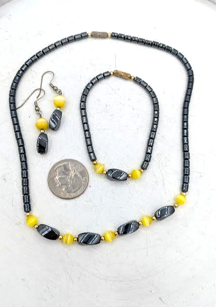 Vintage Hematite 3 Pc SET Bracelet Earrings NecklaceYellow Cats Eye Beads