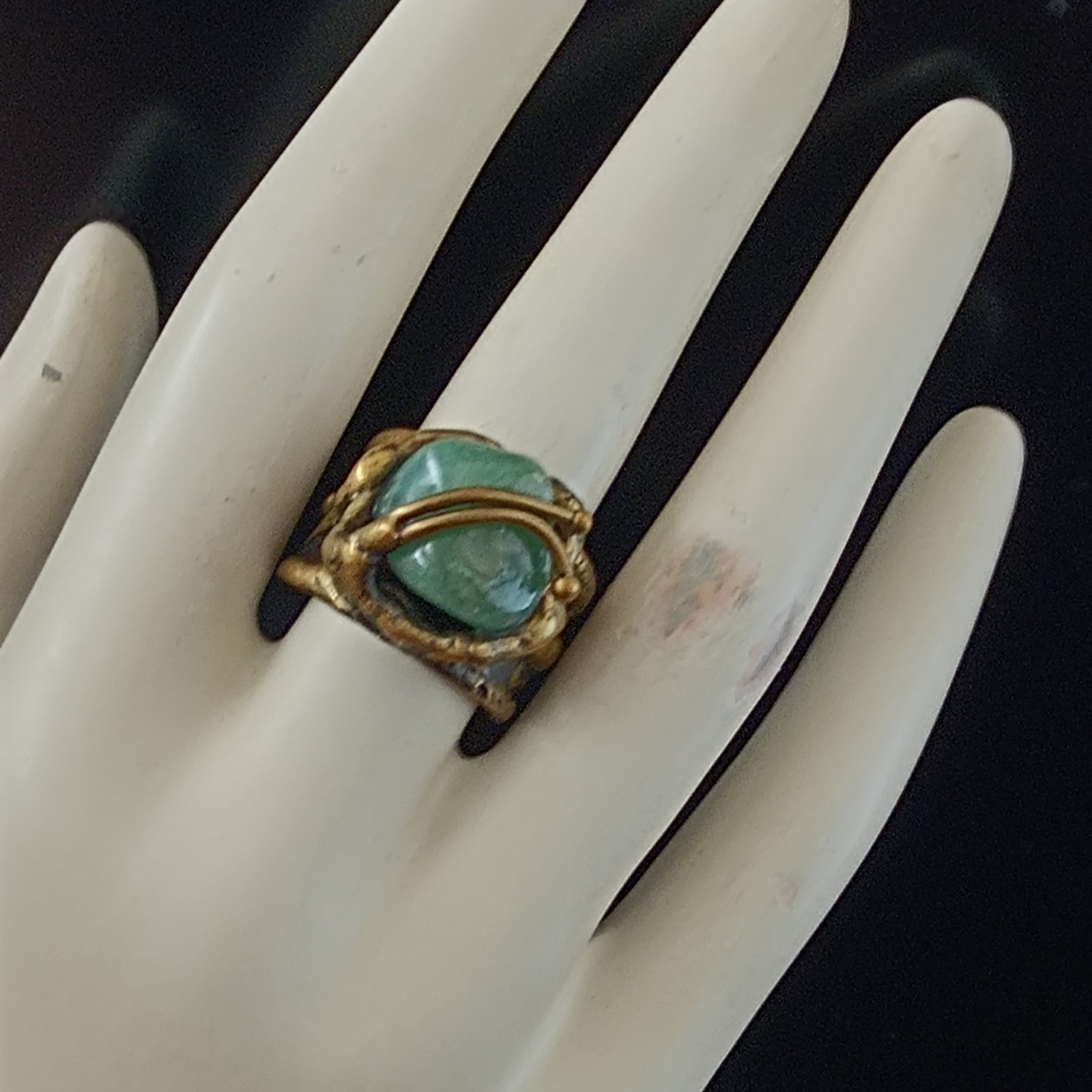 Brutalist Boho Ring Green Stone Organic Art Nouveau Revival Adjustable Statement