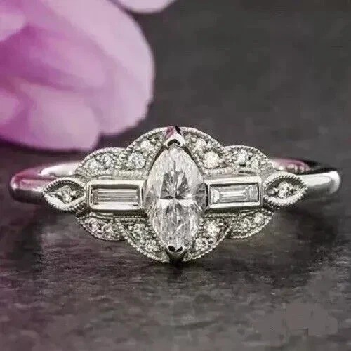 3Ct Art Deco Vintage Style Lab-Created Diamond Wedding 14K White Gold FN Ring