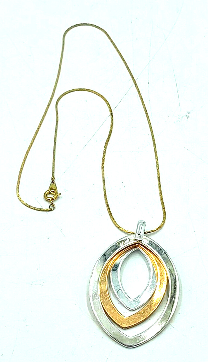 VTG BEST 2″ Silver & Gold Tone Dangle Pendant w/ 16″ Gold Tone Chain Necklace