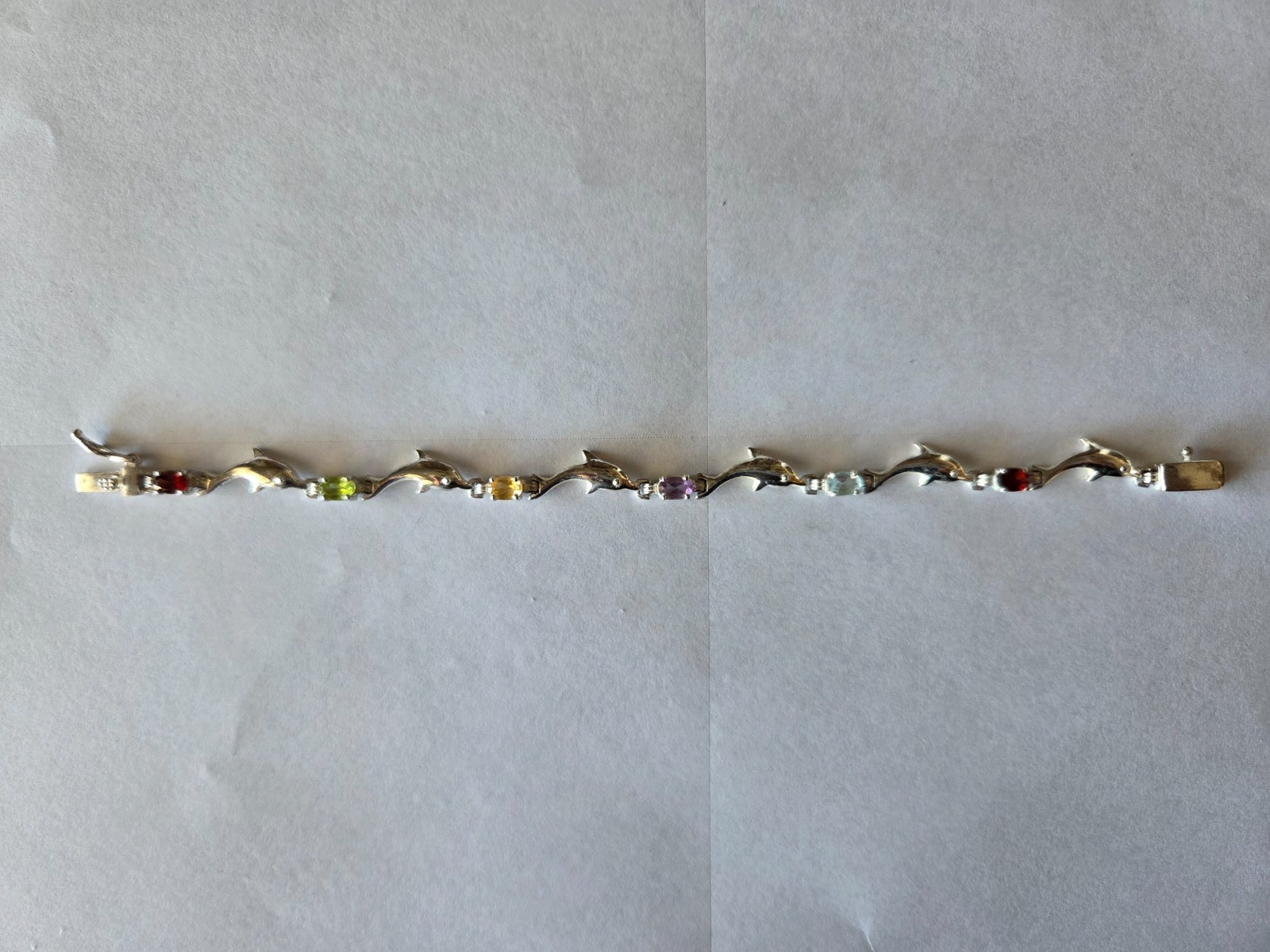 Sterling Silver Vintage 925 Dolphin Link Multi-Stone Bracelet