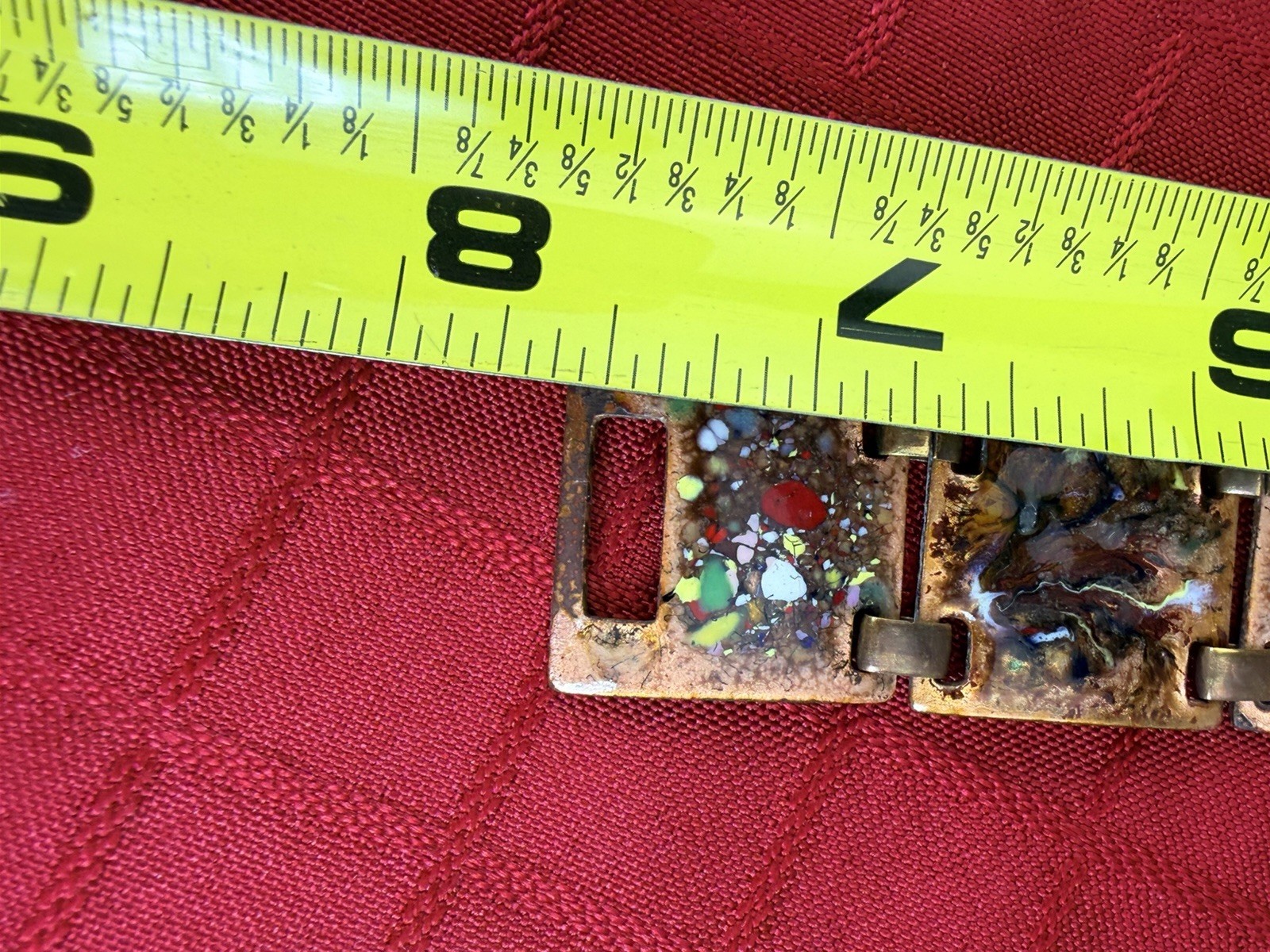 Vtg Enamel Copper Bracelet 7.5” Mid Century Abstract Confetti 8 Panel MCM Art